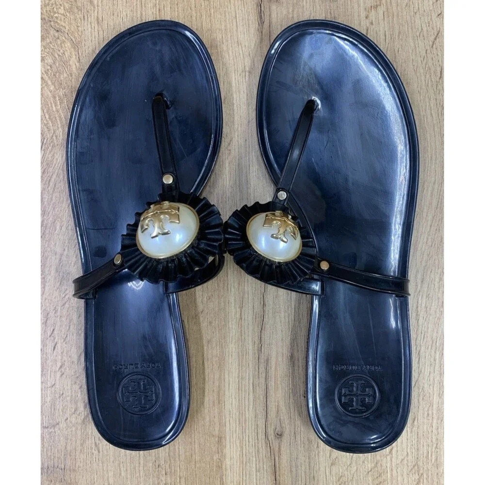 Tory Burch Jelly Thong Sandals Black Gold Logo Pearl Medallion Women's Size 9